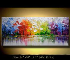 an abstract painting with colorful trees and water in the foreground, on a wall