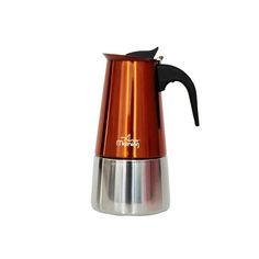 an orange and silver coffee pot on a white background