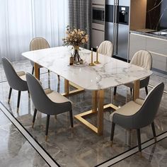 a marble dining table surrounded by beige chairs