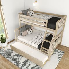 a bunk bed with two sets of mattresses on the bottom and one set of stairs to the top