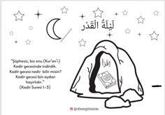 an islamic coloring book with stars and the moon above it, in black and white