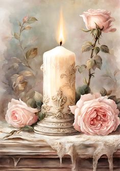 a painting of a white candle with pink roses