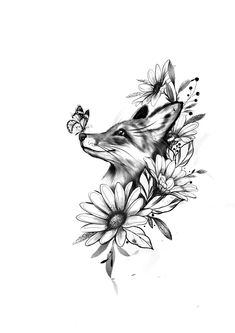 a black and white drawing of a fox with flowers