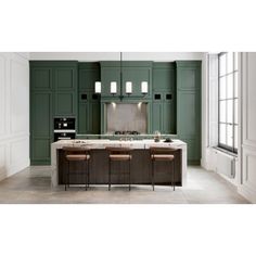 a large kitchen with green cabinets and marble counter tops, along with bar stools