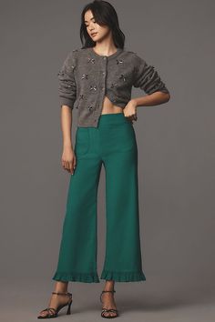 The Colette Cropped Wide-Leg Pants by Maeve: Ruffled Edition Seeing Is Believing, Cropped Linen Pants, Cropped Wide Leg Pants, Green Fits, 50 Fashion, Linen Women, Bottom Clothes, Try It, Cropped Pants