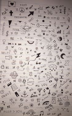 a sheet of lined paper with lots of different symbols and letters on it, all written in black ink