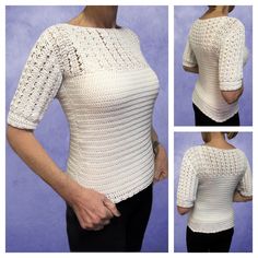 a woman wearing a white crochet top with three different views of her back