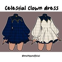 two women's dresses with the words celestial clown dress written below them in black and white