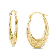 Complement her rare style with these glittering Greek key hoop earrings. Crafted in warm 10K gold, these hoops feature a decorative Greek key design that adds depth and dimension to the look. Buffed to a brilliant luster, these earrings secure with latch backs. Cupcake Jewelry, Round Diamond Earrings, E Commerce Website, Key Design, Greek Key, Pretty Earrings, Earring Backs, 10k Gold, Designer Earrings