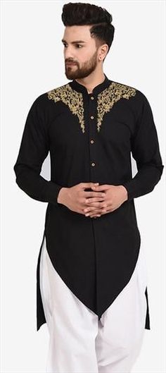 Black and Grey color Kurta in Cotton fabric with Embroidered work Fitted Black Kurta With Gold Embroidery, Formal Embroidered Black Kurta, Black Embroidered Fabric With Border For Eid, Black Embroidered Fabric With Embroidered Border For Eid, Black Kurta With Gold Embroidery For Festivals, Black Embroidered Traditional Wear For Formal Occasions, Traditional Black Fabric With Gold Embroidery, Formal Black Kurta With Floral Embroidery, Elegant Black Cotton Traditional Wear