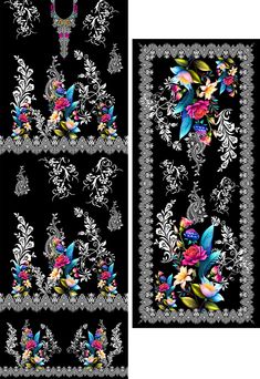 two pieces of black and white fabric with floral designs on the border, one piece has an