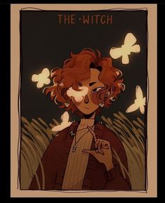 a drawing of a girl with red hair and butterflies flying around her, reading the witch