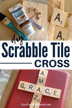 scrabble tile cross made out of wood blocks with text overlay that reads diy scrabble tile cross