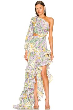 Hanna Tropical Print Maxi Dress Asymmetrical Maxi Skirt, Tropical Print Maxi Dress, Elegant Summer Dresses, Travel Dress, Puff Long Sleeves, Shoulder Cut, Women Party, Printed Maxi, Types Of Skirts