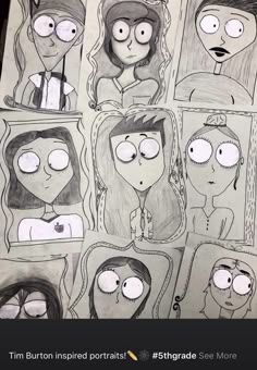 an image of cartoon faces drawn on paper with the caption tim burton inspired portraits