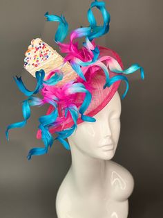 "Sinamay Birthday Fascinator with Faux Birthday Cake & Feathers attaches with satin headband. ♥Attaches with matching, satin headband. ♥Ultra Light & comfortable to wear. ♥Packed and shipped in a sturdy box with special love & care to ensure a safe delivery. ♥Includes a hat care card with instructions on how to care for & keep your piece beautiful. ♥Over 14,000 pieces sold & 2,000 5 star reviews. Our \"Hive Girls\" come back year after year for their next hat or fascinator. L Blush Pink Fascinator, Diy Fascinator, Art Hats, Navy Fascinator, British Hats, Ivory Fascinator, Derby Ideas, Hat Tea Party, Kentucky Derby Fascinator