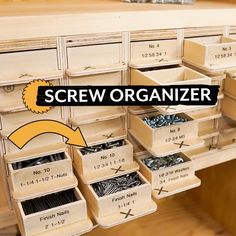 the drawers are organized with screws and nails