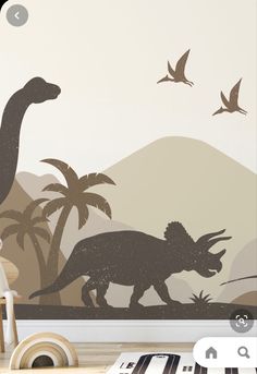 an image of dinosaurs in the wild with palm trees and birds flying above them on a wall