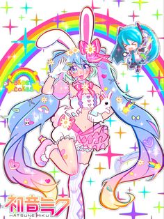 an anime character with long hair and bunny ears holding a rabbit in front of a rainbow background