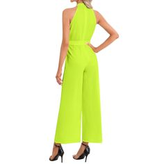 Chiffon, Fabric has slight stretchSleeveless, Long length, Halter neck, High waist, Two inseam pockets, Belted jumpsuitThis jumpsuit with belted is suitable for many occasions like Spring, Summer and Fall Daily Wear, School, Home, Casual, Vacation, Party, Work, Date and so onModel is 5'9.3"/176cm(B:33.46"/85cm, W:23.62"/60cm, H:35.04"/89cm) and wearing a size Small; Designed to have a regular fitMachine Washable; Do Not Bleach Spring Party Belted Jumpsuits And Rompers, Party Jumpsuits And Rompers With Tie Waist, Summer Workwear Halter Neck Jumpsuits And Rompers, Summer Workwear Halter Neck Jumpsuit, Chic Belted Strapless Jumpsuit For Work, Chic Belted Strapless Jumpsuit For Party, Summer Green Belted Jumpsuits And Rompers, Sleeveless Jumpsuits And Rompers With Tie Waist For Party, Sleeveless Belted Jumpsuit For Party