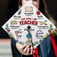 a woman wearing a white graduation cap with words on it