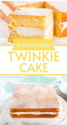 homemade twinkie cake with powdered sugar on top and lemon filling in the middle