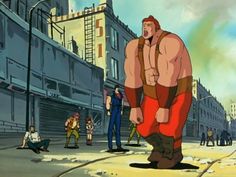 an animated image of a giant man standing in the middle of a street with other people