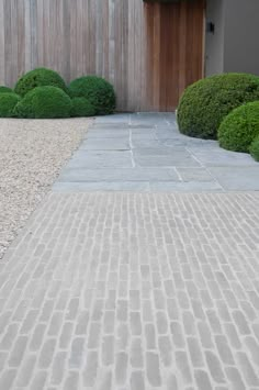 a stone walkway leading to a wooden door in front of some bushes and gravel on the ground