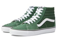 Vans SK8-Hi - Skate Shoes : Color Theory Greener Pastures : Keep it old school every step of the way with the classic Vans SK8-Hi skateboard shoes! High-top skate shoes with a classic silhouette and Sidestrap detail. Uppers of suede, leather, or canvas. Cotton drill lining. Padded collar for added comfort and support. Triple-stitch collar adorns collar. Die-cut EVA insert. Vulcanized construction: &amp,#8226, Slimmed-down profile offers a flexible feel. &amp,#8226, Gum rubber outsole with signature waffle tread provides superior grip and boardfeel. Imported. Measurements: Weight: 1 lb 2 oz Shaft: 6 1 2 in Product measurements were taken using size Men's 10, Women's 11.5, width Medium. Please note that measurements may vary by size. Classic Lace-up High-top Sneakers For Skateboarding, High-top Suede Skate Shoes With Laces, Green Skate Shoes With Speckled Midsole, Green Suede Skate Shoes For Streetwear, Green Leather Skate Shoes, Sporty Suede Vans Skate Shoes, Green Leather Skate Shoes For Skateboarding, Classic Green Skate Shoes For Streetwear, Urban Green High-top Sneakers For Skateboarding