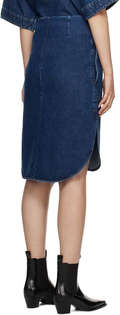 Non-stretch organic cotton denim skirt. · High-rise · Two-pocket styling · Vented side seams · Zip closure and darts at back · Contrast stitching in tan Supplier color: Dark blue Mid-rise Denim Skirt With Pockets For Work, Workwear Denim Pencil Skirt With Pockets, Denim Skirt With Pockets For Work, Relaxed Denim Skirt With Pockets For Work, Relaxed Fit Denim Blue Denim Skirt With Pockets, Straight Leg Denim Skirt With Pockets For Work, Relaxed Denim Blue Skirt With Pockets, Workwear Denim Skirt With Relaxed Fit, Dark Wash Knee-length Denim Skirt For Work