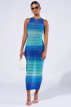 FUN IN THE SUN OMBRE MAXI DRESS – AKIRA Trendy Beach Maxi Dress For Beach Season, Trendy Maxi Dress For Beach Season, Fitted Blue Beach Dress For Vacation, Fitted Knit Dresses For Beach Season, Stretch Knit Beach Dress, Trendy Blue Beach Dress, Knit Summer Vacation Dresses, Fitted Blue Cover-up For Beach Party, Blue Fitted Beach Dress