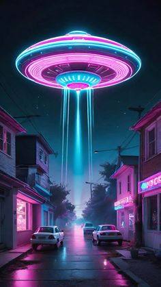 an alien flying saucer in the sky over a street at night with cars parked on it