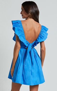 Raiza Mini Dress - Ruffle Sleeve Tie Back Plunge Dress in Blue | Showpo USA Elegant Blue V-neck Ruffle Dress, Chic Blue V-neck Ruffle Dress, Blue Ruffle Dress For Summer Evening, Blue V-neck Ruffle Dress For Summer, Elegant Blue Ruffle Dress With Ruffled Straps, Blue Dress With Tie Back And Ruffled Straps, Chic Blue Ruffle Dress For Evening, Blue Party Dress With Smocked Back, Blue Ruffle Dress With Ruffled Straps