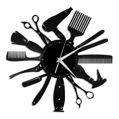 a clock with scissors, combs and hair clips on it's face is shown