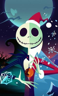 a cartoon skeleton wearing a santa hat and holding an apple in his hand with snowflakes on the ground