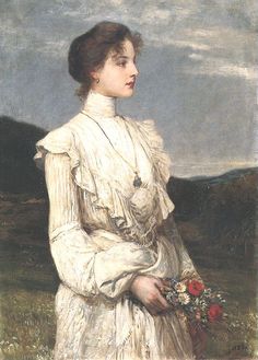 a painting of a woman in a white dress holding a bouquet of wildflowers