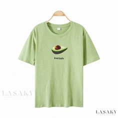 Lasaky - Avocado Green Short-Sleeve Uniform Shirt with Loose Fit and Fruit Pattern Uniform Shirt, Uniform Shirts, Floral Outfit, Fruit Print, Fruit Pattern, Avocado Green, Milk Silk, Womens T Shirt, Green Shorts