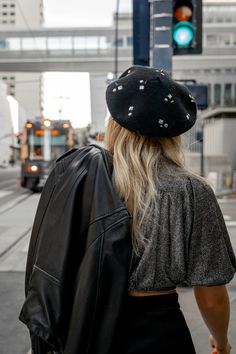 Indulge in the luxurious Last Night beret, made from a wool blend with metallic stud clusters. The sophisticated blue and black color adds elegance to any outfit, while the 57cm size offers a perfect fit. Made with 90% wool and 10% nylon for ultimate comfort and style. Black Hat For Workwear In Winter, Black Wool Beret For Fall, Elegant Black Beret For Party, Black Fitted Beret For Fall, Chic Black Beret For Winter, Fitted Black Beret For Fall, Chic Black Winter Beret, Elegant Fall Beret, Elegant Fall Party Beret