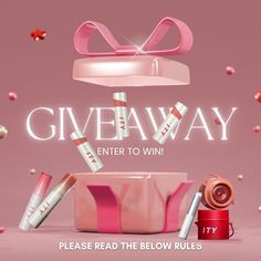 a pink gift box with lipstick and other items in front of it that says giveaway enter to win