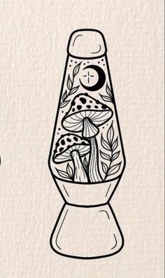 an ink drawing of a vase with mushrooms on it