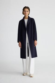 THE CLASSIC COAT - NAVY – THE CURATED Navy Blue Wool Coat Outfit, Wool Coat Outfit, Coat Styles, Navy Trench Coat, Wool Wrap Coat, Trench Coat Outfit