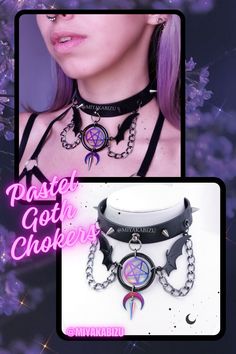 Black choker with rainbow charms pentagram moon and spike. Black faux leather. Pastel goth gothic lolita bat Alternative Halloween Necklaces For Concerts, Gothic Necklace For Halloween Concert, Alternative Necklaces For Halloween Concert, Grunge Necklaces For Halloween, Emo Style Metal Choker For Festivals, Emo Metal Choker For Festivals, Alternative Halloween Necklaces, Alternative Halloween Necklaces For Alternative Fashion, Alternative Style Necklaces For Halloween