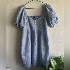 Old Navy Dress Size Medium Never Worn But Has Not Tag , Super Comfortable And Has Pockets Casual Puff Sleeve Dresses For Daytime, Casual Square Neck Mini Dress For Daytime, Casual Gingham Dress With Puff Sleeves, Casual Gingham Puff Sleeve Dress, Old Navy Blue Gingham Dress, Old Navy Dresses, Old Navy, Blue And White, Navy