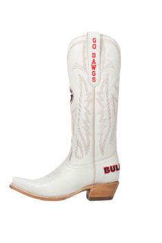 Women's Collegiate Gameday Boots in Ivory ALL BOOTS ARE PREORDER! If the wholesaler has the boots in stock on their end, shipping takes approximately 1-2 weeks. If the wholesaler does NOT have the boots in stock, shipping takes approximately 4-6 weeks. I will let you know asap whether or not the boots you ordered are in stock. Thank you for understanding! Find more teams here! Details Premium Genuine Ivory Leather Goodyear Welt Construction Memory Foam Insole Smooth Leather Lining Natural Stacke Georgia Gameday Outfit, Tracker Ideas, Western Embroidery, Georgia Boots, Clear Purses, College Aesthetic, Bow Headband Hairstyles, Wood Heel, Ole Miss