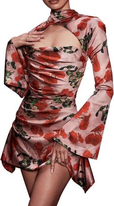 Traditional Chinese Cheongsam for Women Dress Sexy Club Long Floral Flared Sleeves Dress Mini Slim Fit Bodycon Evening Dress Mini Dress Spring, Floral Silhouette, Y2k Women, Party Mini Dress, Line Dresses, Flare Sleeve Dress, Looks Party, Corset Mini Dress, A Line Dresses