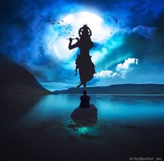 the silhouette of a person standing on a rock in front of a large full moon