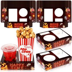 three boxes of popcorn with happy time movie night labels on them and one box filled with popcorn