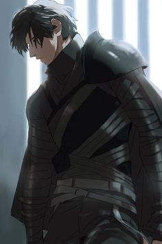 an anime character with black hair and leather outfit standing in front of a curtained wall