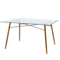 a glass table with wooden legs on a white background