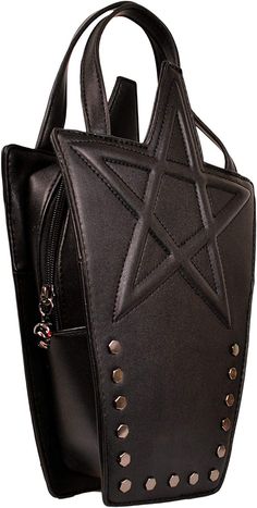 Unleash your inner Goth with the splendid Karma Bag from Lost Queen. Measuring approx. 20cm wide x 23cm tall (excluding handles) x 7cm deep, this versatile little piece has detachable shoulder straps so it can be used as a backpack, alternatively, whip them off & you've got a beautiful handbag! There's 15 hexagonal studs adorning the front plus a padded & stitched outline of a pentagram for added darkness. The main compartment is secured by a zip with a silver skull shaped pull and there's a pou Alternative Style Rectangular Bags For Daily Use, Alternative Style Rectangular Bag For Daily Use, Alternative Style Crossbody Bags For Daily Use, Alternative Style Shoulder Bag With Adjustable Strap, Alternative Style Satchel For Everyday Use, Alternative Crossbody Bag With Adjustable Strap, Alternative Style Crossbody Bag With Adjustable Strap, Punk Style Standard Backpack For Everyday Use, Alternative Bags With Zipper Closure For Daily Use